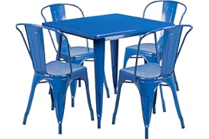 EMMA + OLIVER Commercial Grade 31.5" Square Blue Metal Indoor-Outdoor Table Set-4 Stack Chairs