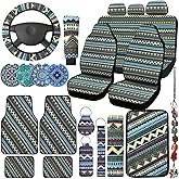 Frienda Baja Car Seat Covers Full Set Multicolor Stripe Covers Boho Print Steering Wheel Cover Seat Belt Cover Crystal Hanging Ornament Holders Fits for Car (Fresh Style)