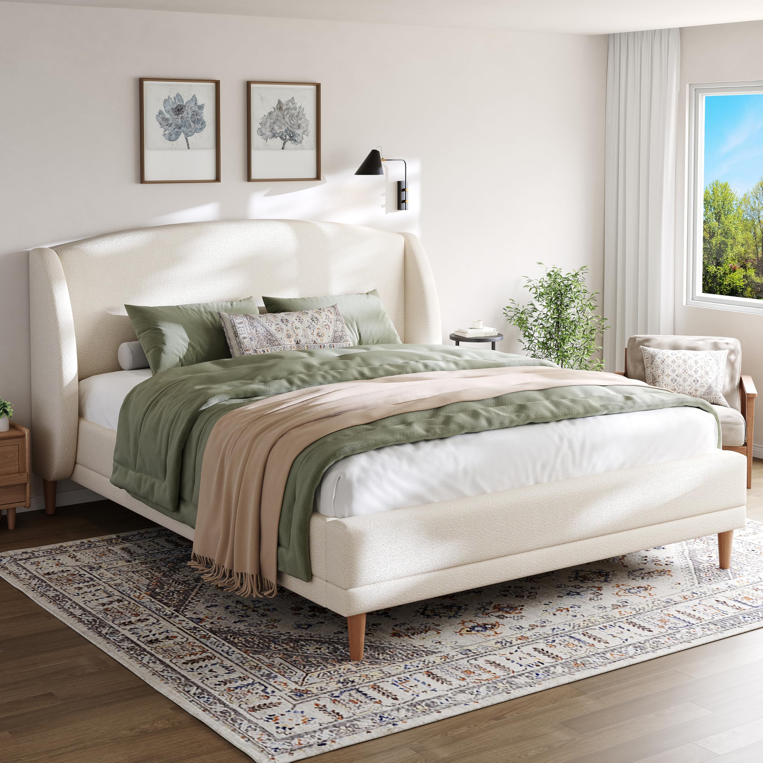 Photo 1 of Christopher Knight Home Hazel Queen Size Bed Frame, Upholstered Platform Bed, Soft Boucle Wingback Headboard, Wood Bed Support and Slats, Curved-Shaped Headboard Queen Bed for Adult, 44.50" H White