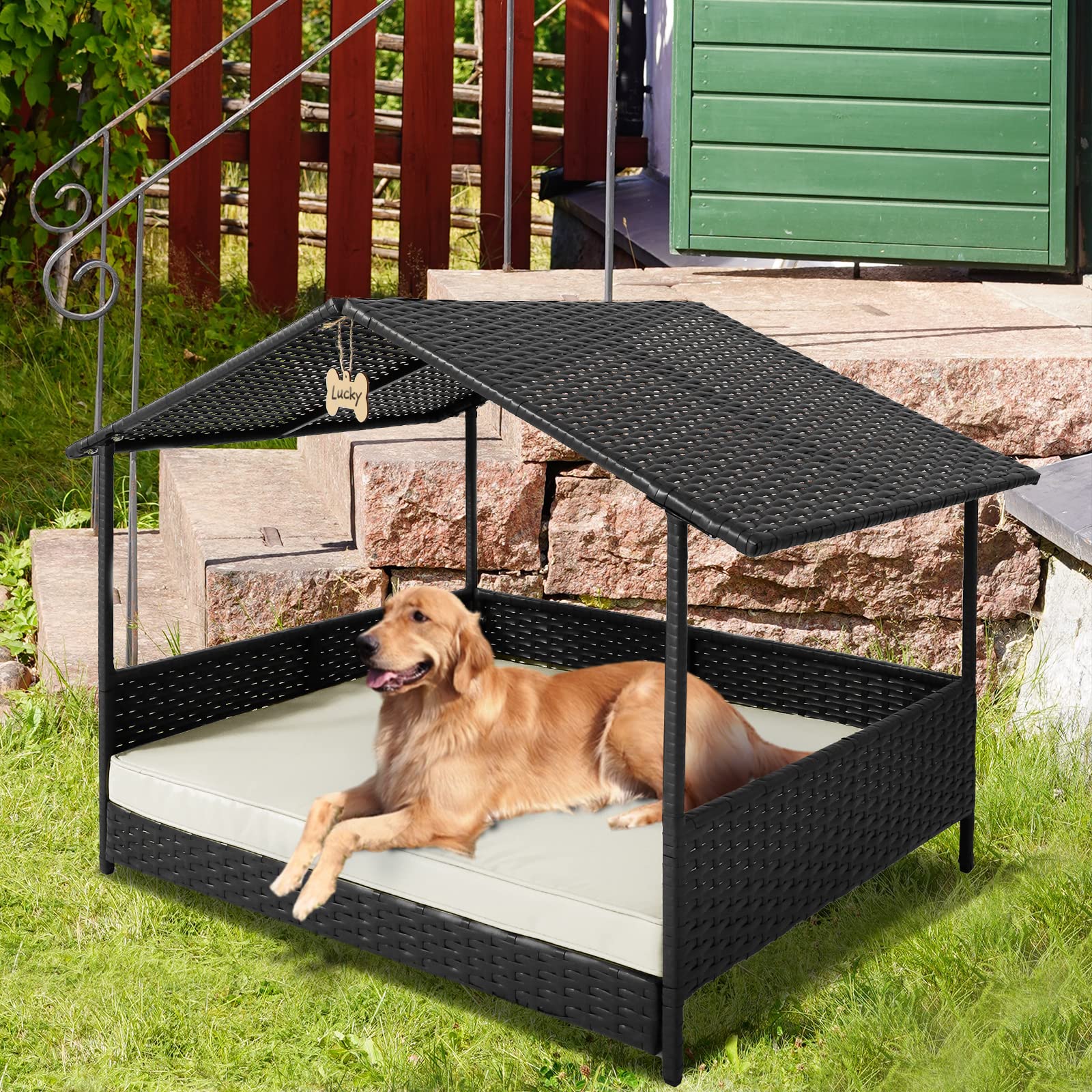 JOVNO Wicker Dog House Elevated Raised Rattan Bed For Indoor/Outdoor
