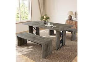 HIPIHOM 3-Piece Dining Table Set for 6-8 People, 70.8'' Rectangle Kitchen Table with 2 Benches for Breakfast Nook, Dining Room Furniture(Grey Table+Bench)