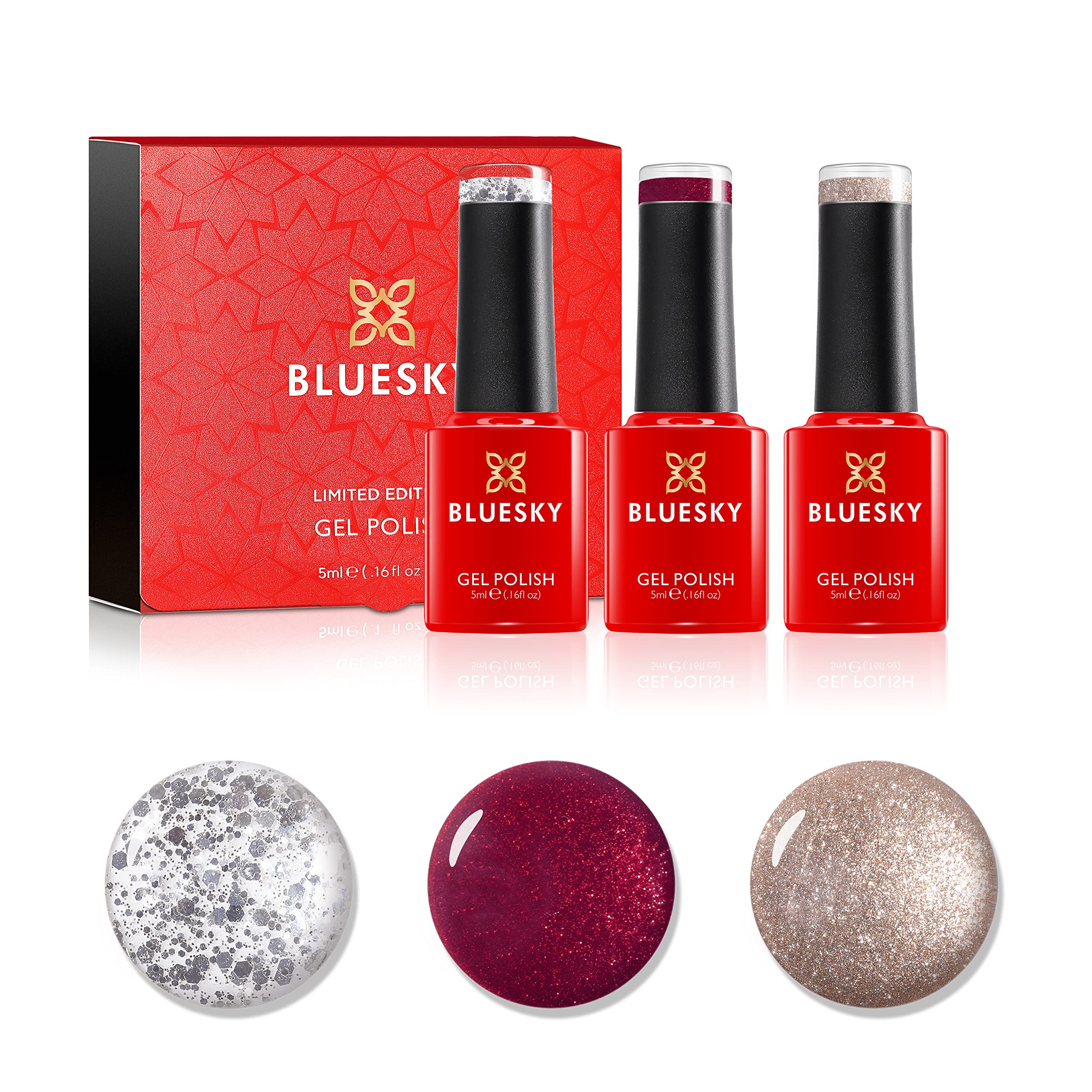 Bluesky Gel Nail Polish Christmas Set, Glitter Gel Polish - Heart Queen, Golden Star, Silver Flakes, Silver, Red, Gold, 3 x 5 ml Gel Polish Set (Requires Drying Under UV LED Lamp)