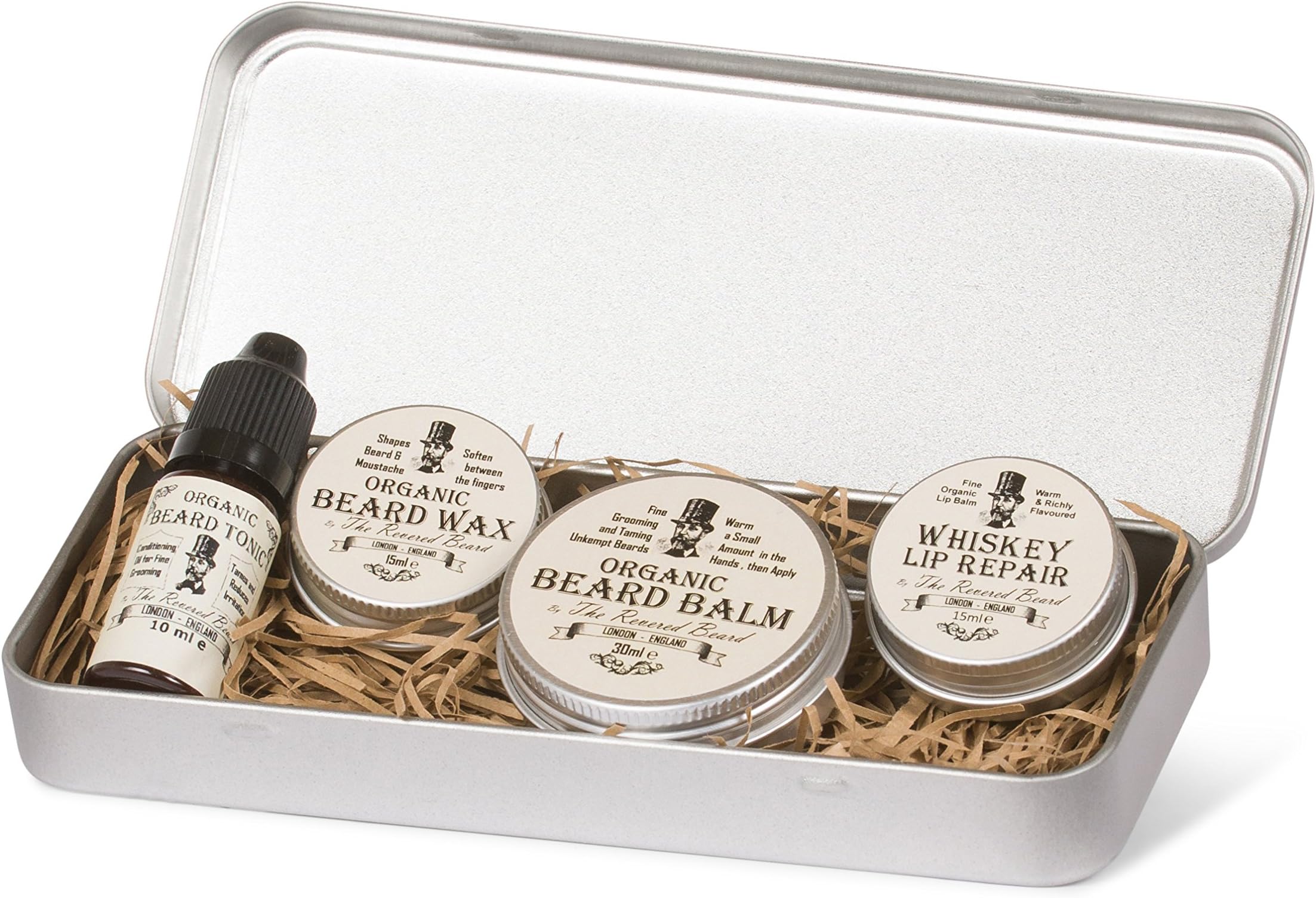 Organic Mens Grooming Gift Set by Revered Beard; Beard Oil, Beard Balm, Wax & Whiskey Lip Balm