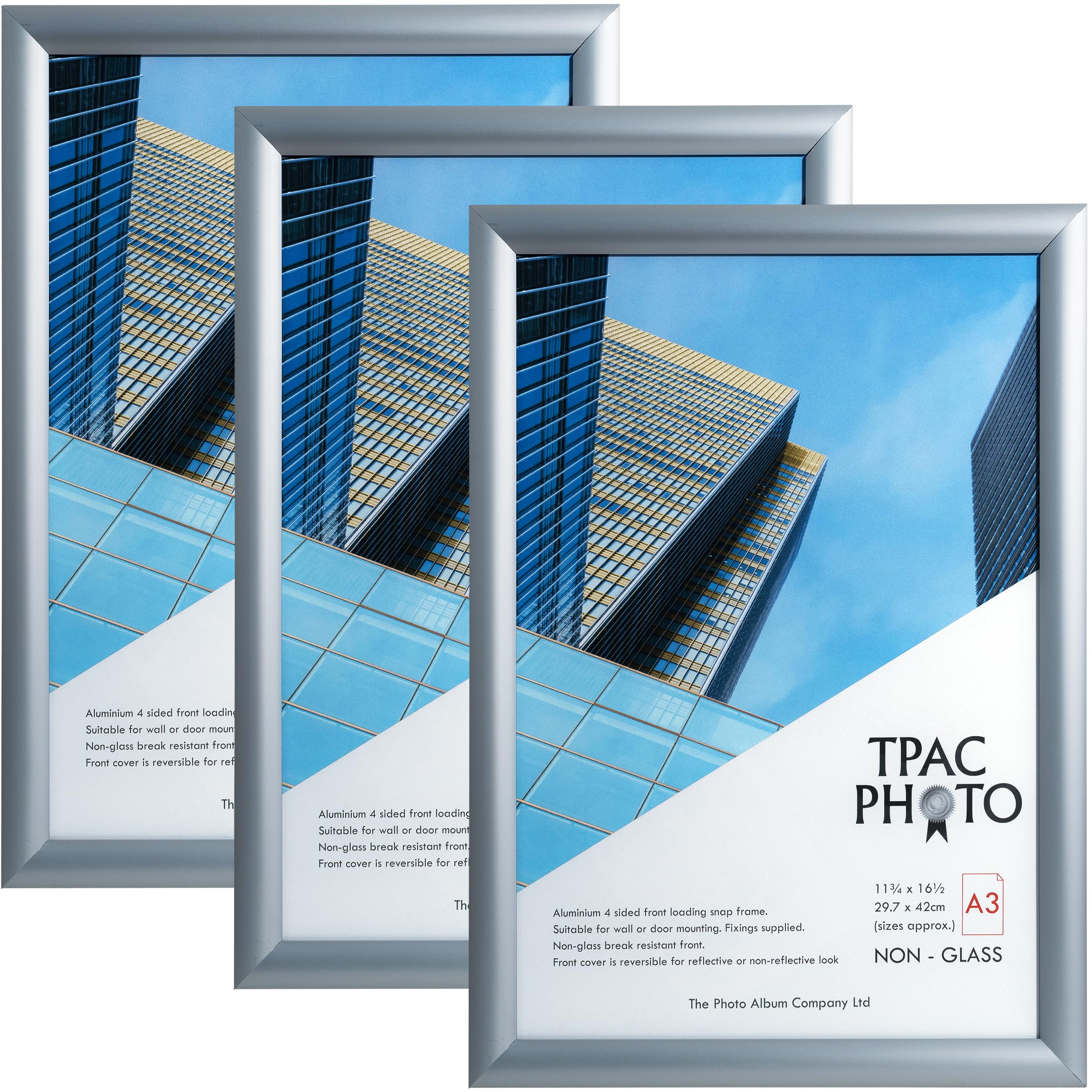 The Photo Album Company Limited | Snap Frame Pack | A3 (30x42cm), Silver, Acrylic Front, Rectangular | Easy Poster Change, Wall Mountable, Non-Glass | Display Photos & Certificates