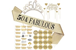 50th Birthday Sash Crown Tiara Set 50th Birthday Decorations for Women 50 & Fabulous Sash Buttons Party Supplies