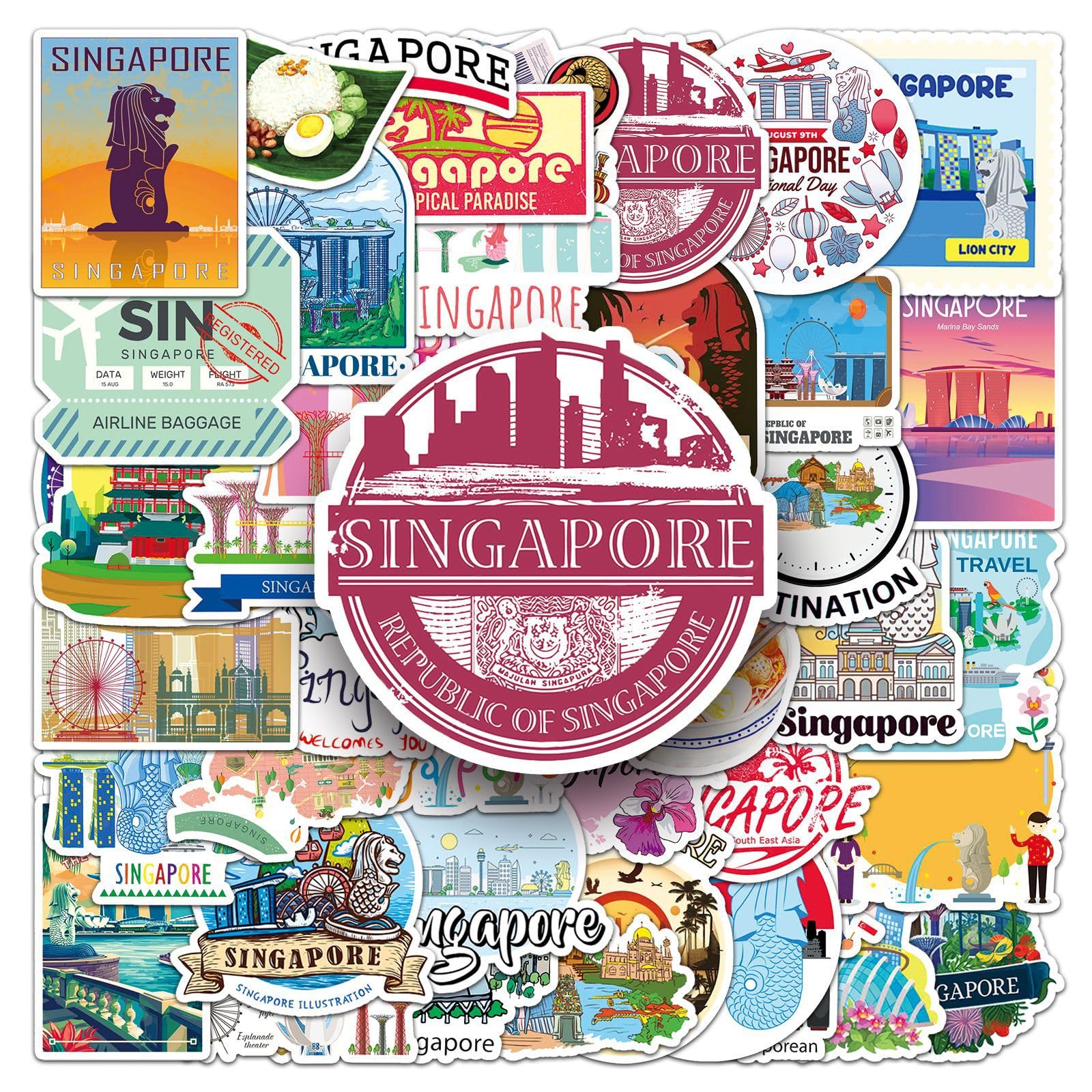 50Pcs Singapore Landmarks Stickers for Computer,Car,Scrapbook,Helmet,Water Bottle,Laptop,Skateboard,Luggage,Cute Travel Sticker,Adults Girls Gift,Singapore Landscape Vinyl Aesthetic Graffiti Decal