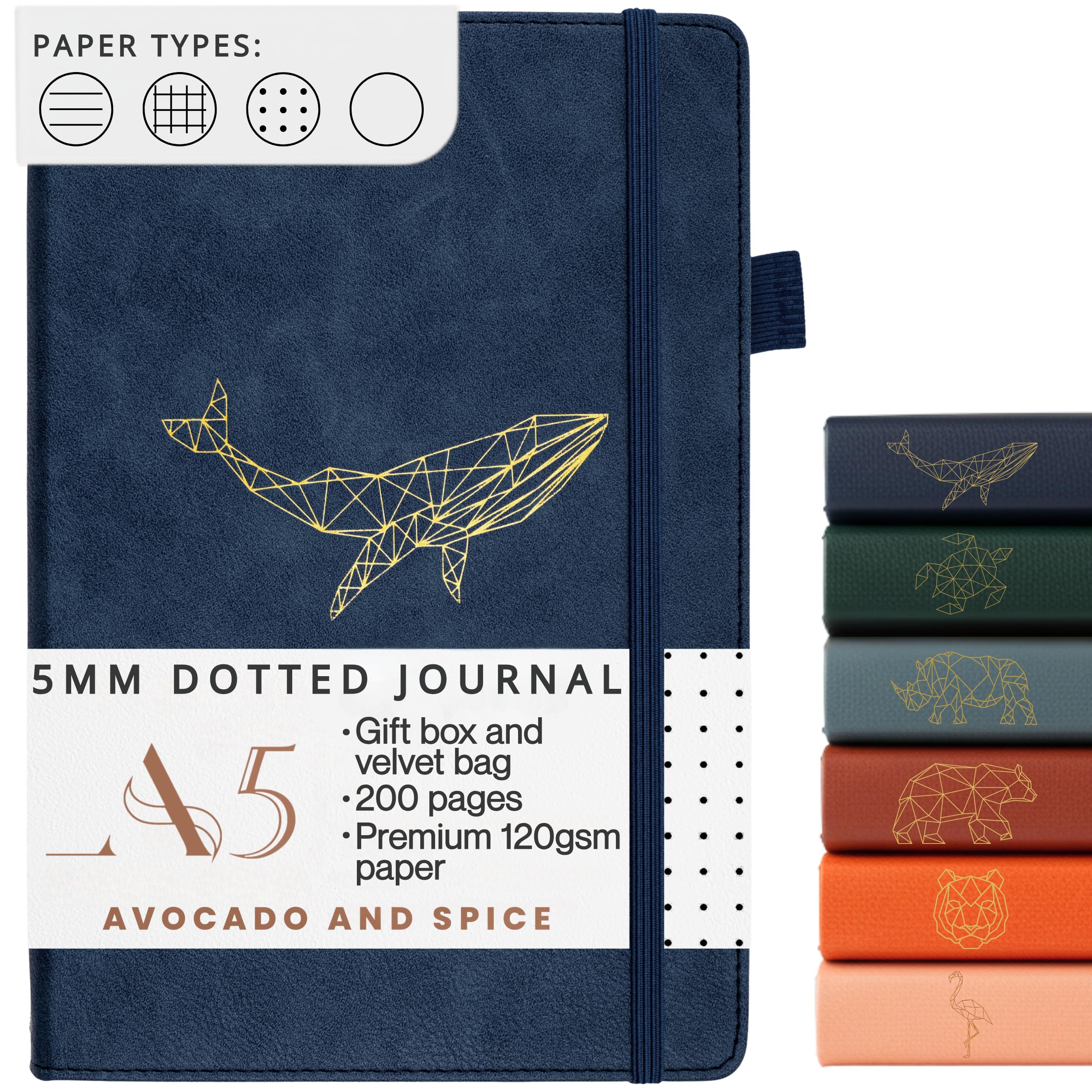 A5 Dotted Journal Notebook by Avocado and Spice® with Gift Box & Velvet Bag - Bullet Planner Journal - Dotted Notebook A5 - Bookmark, Elastic Strap, Pen Holder, 200 Thick Page (Blue, Bullet)