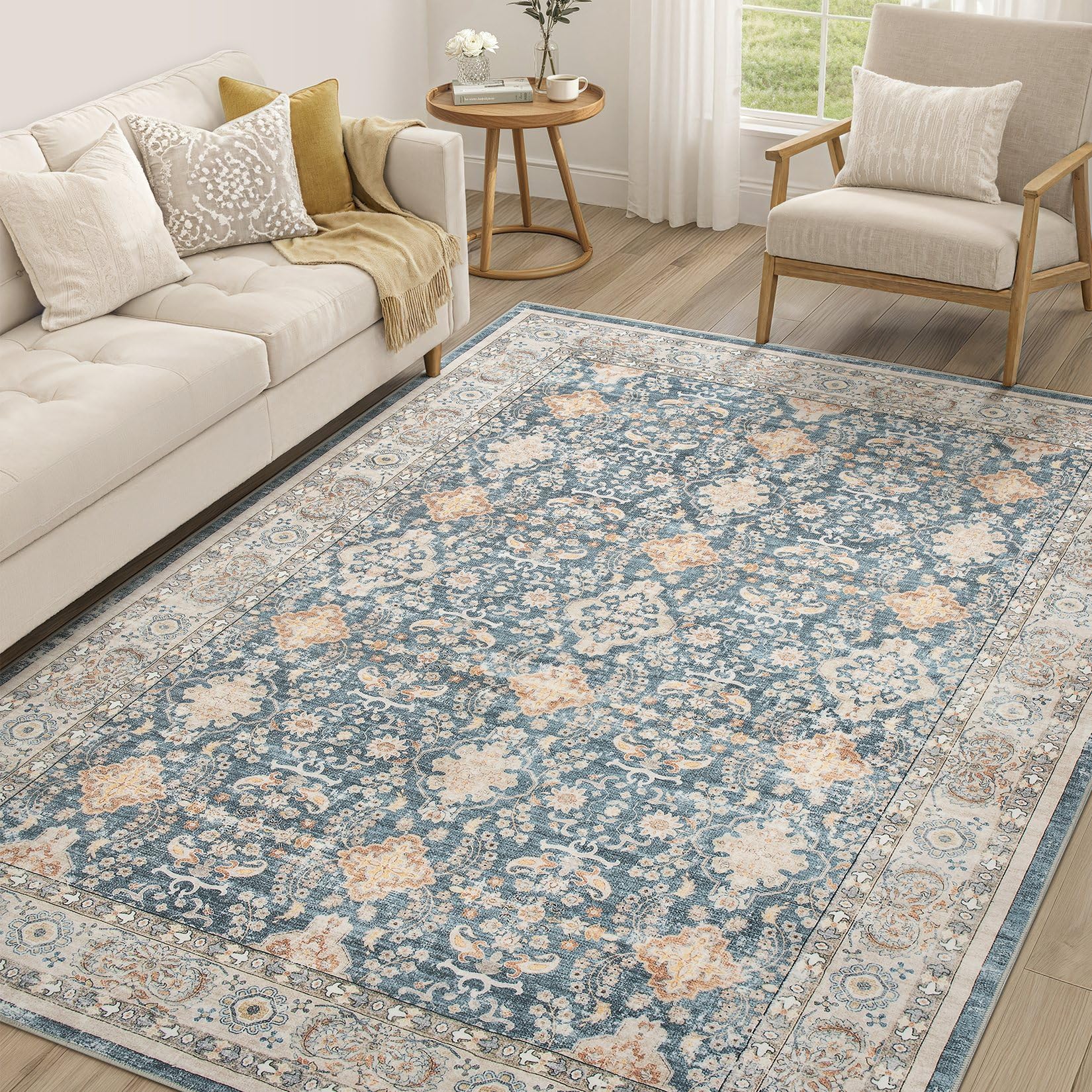 Vintage Living Room Area Rug 5x8 - Large Soft Washable Oriental Traditional Distressed Farmhouse Rugs for Bedroom - Indoor Floor Accent Carpet for Home Office House Decor - Dark Blue Image
