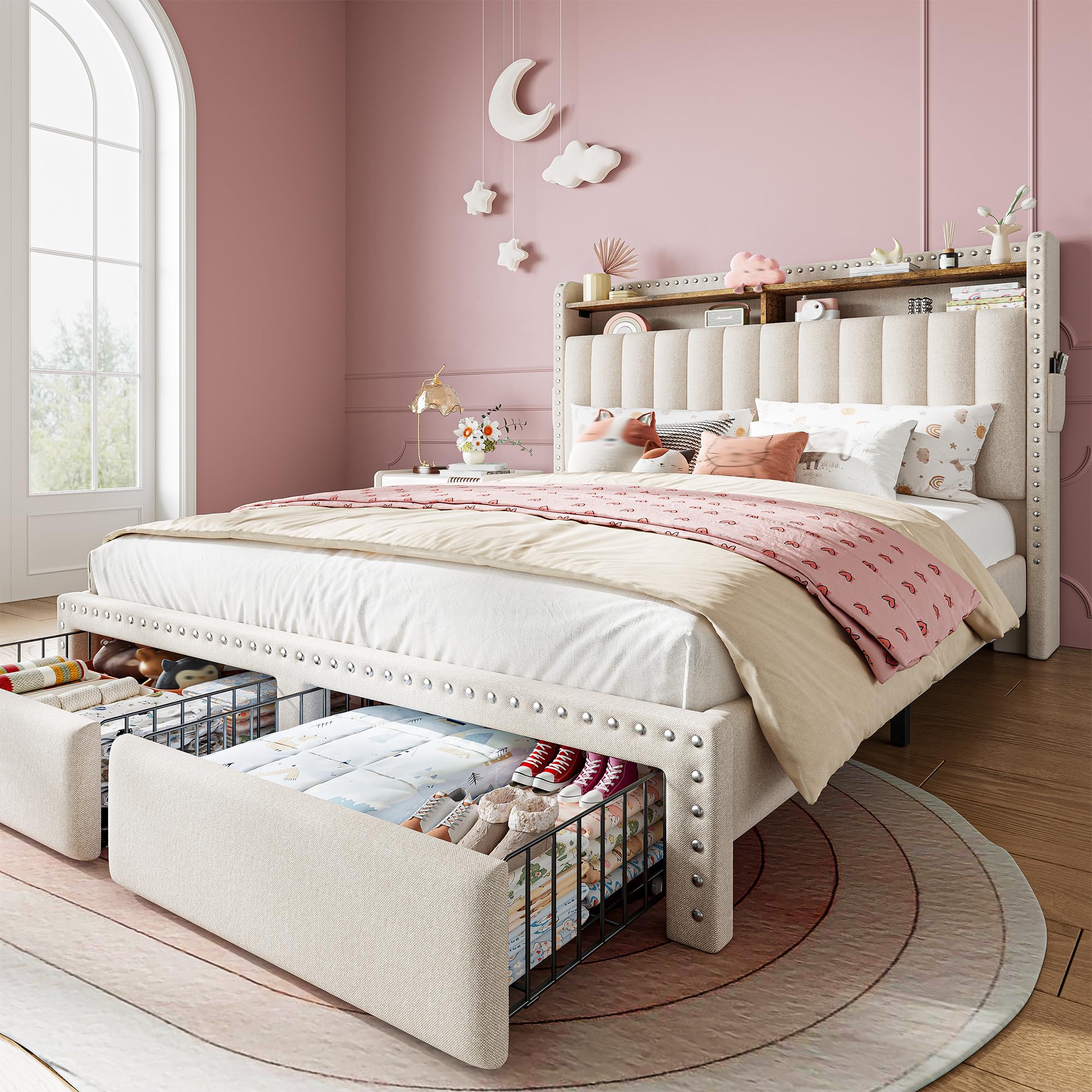 EnHomee Full Size Bed Frame, Upholstered Full Bed Frame with 2 Storage ...