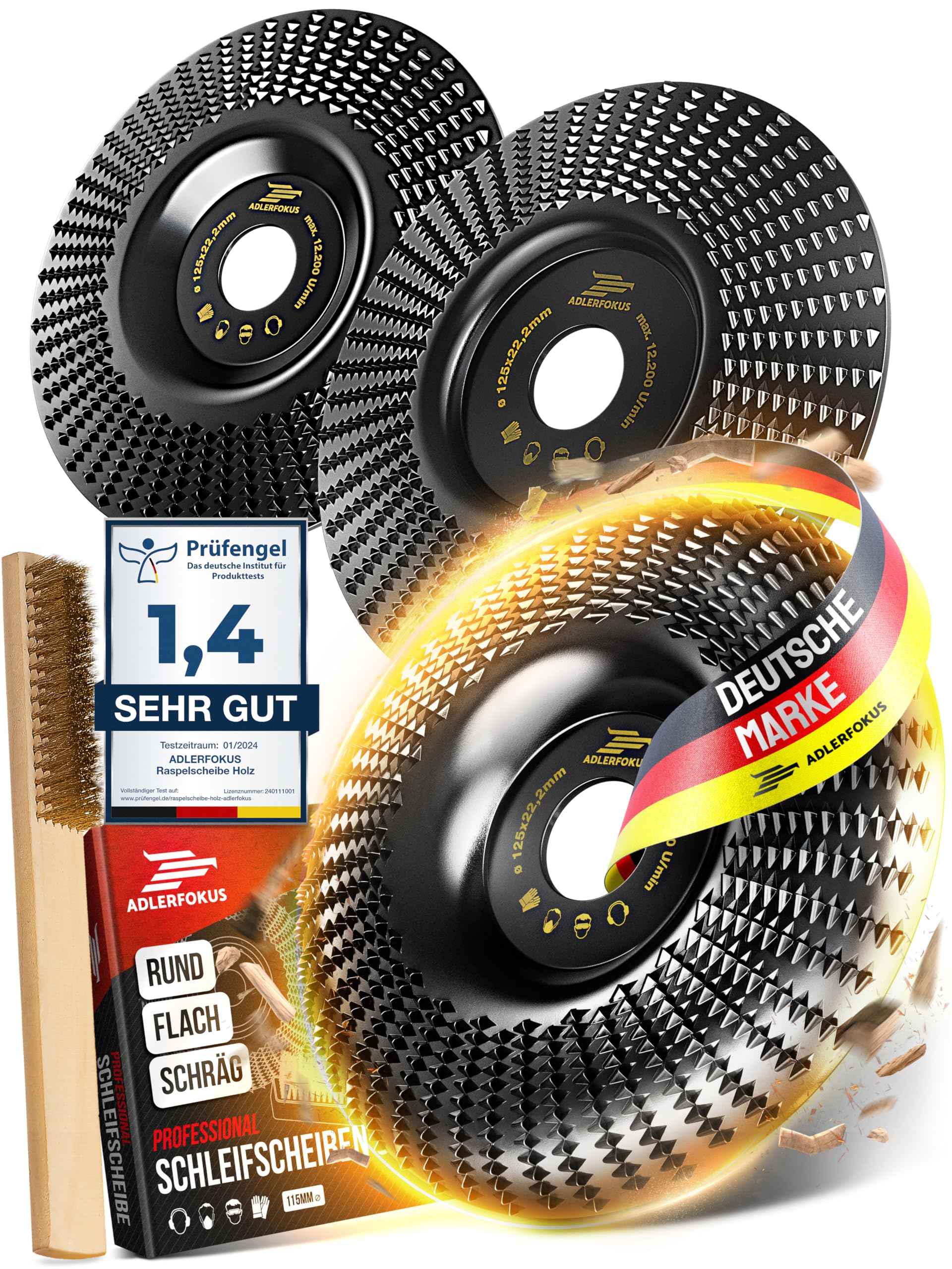 Adlerfokus Holz Schleifscheibe 125mm Set Winkelschleifer [EXTRA SCHARF] Flexscheibe für Holz - Wurzelfräse - Lackfräse - Baumstumpffräse - Raspelscheibe - Schleifen mit einer Flex Schleifscheibe