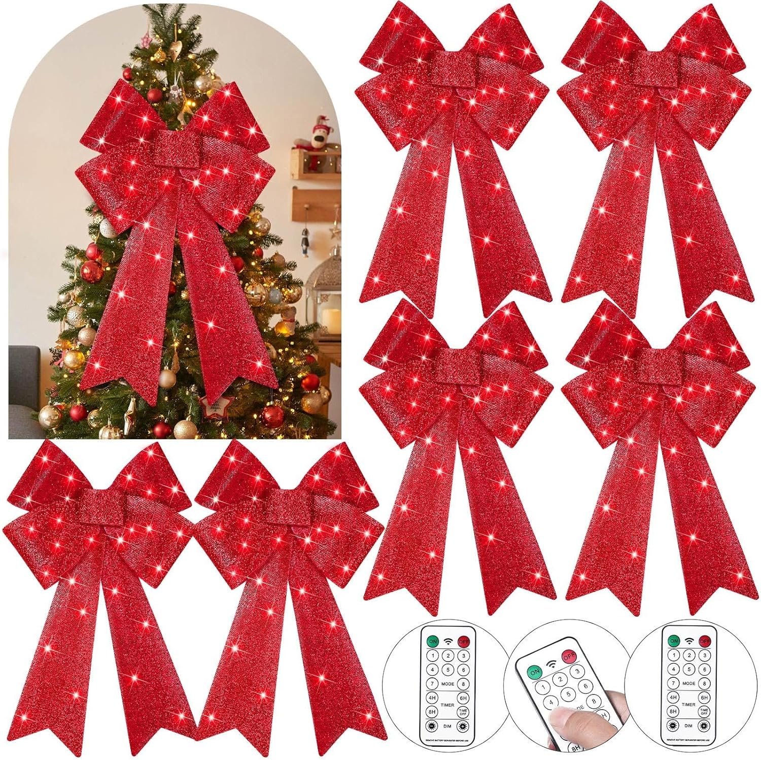 Bows & Ribbons - 6 Pcs Pre Lit Christmas Bow Decoration Christmas Wreath Bows LED Xmas Bows with Timer Big Red Bow Lighted Christmas Tree Toppers for Indoor Outdoor Holiday Decor, 8 Light Functions (Red)