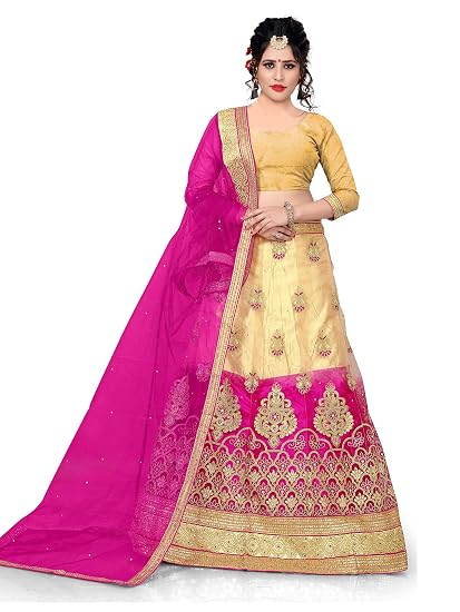OOMPH! Womens Net Semi-stitched Lehenga Choli (Magenta, Free Size)