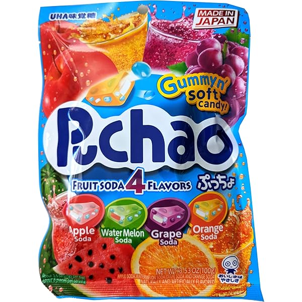 PUCHAO JAPANESE CHEWY CANDY, 4 FRUIT SODA FLAVORS – APPLE, WATERMELON, GRAPE, ORANGE, SOFT CANDY WITH FIZZY GUMMY BITS INSIDE, AS SEEN ON TIKTOK, VARIETY PACK, PRODUCT OF JAPAN