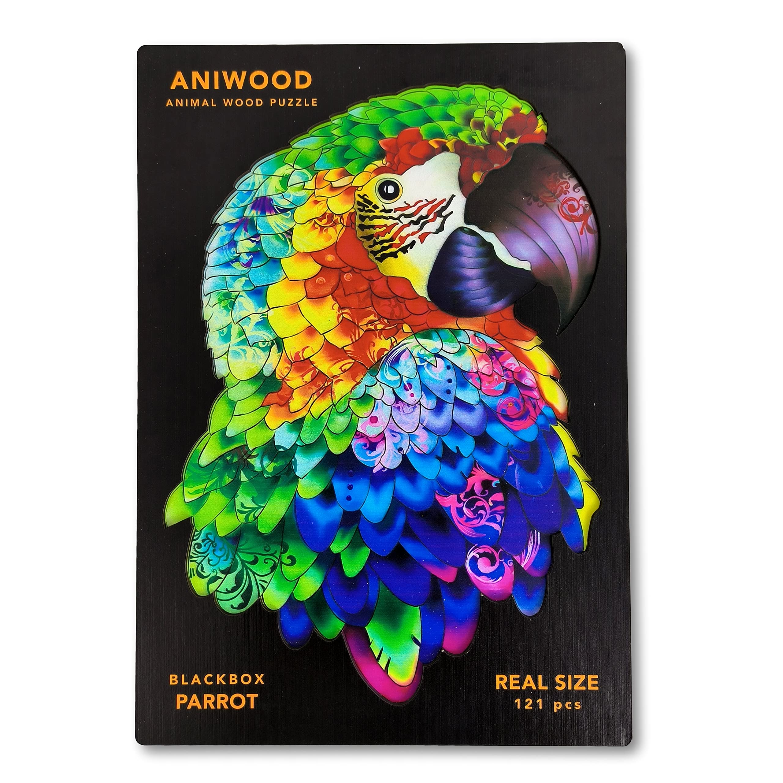 ANIWOOD Animal-Shaped Wooden Puzzle, Die-Cut Lid (Actual Size of the Puzzle), Contains Unique Animal Pieces (Medium, Parrot)