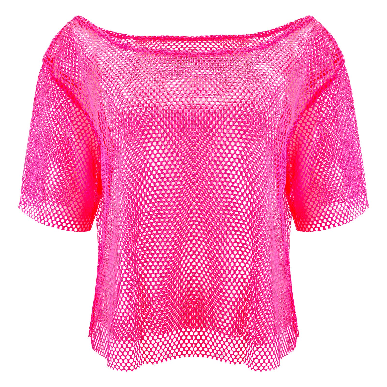 Jadive 80s Neon Fishnet Top Mesh Top Neon Clothes Off Shoulder Fancy Dress Disco Retro Outfit Costume(Pink,Adult-l)