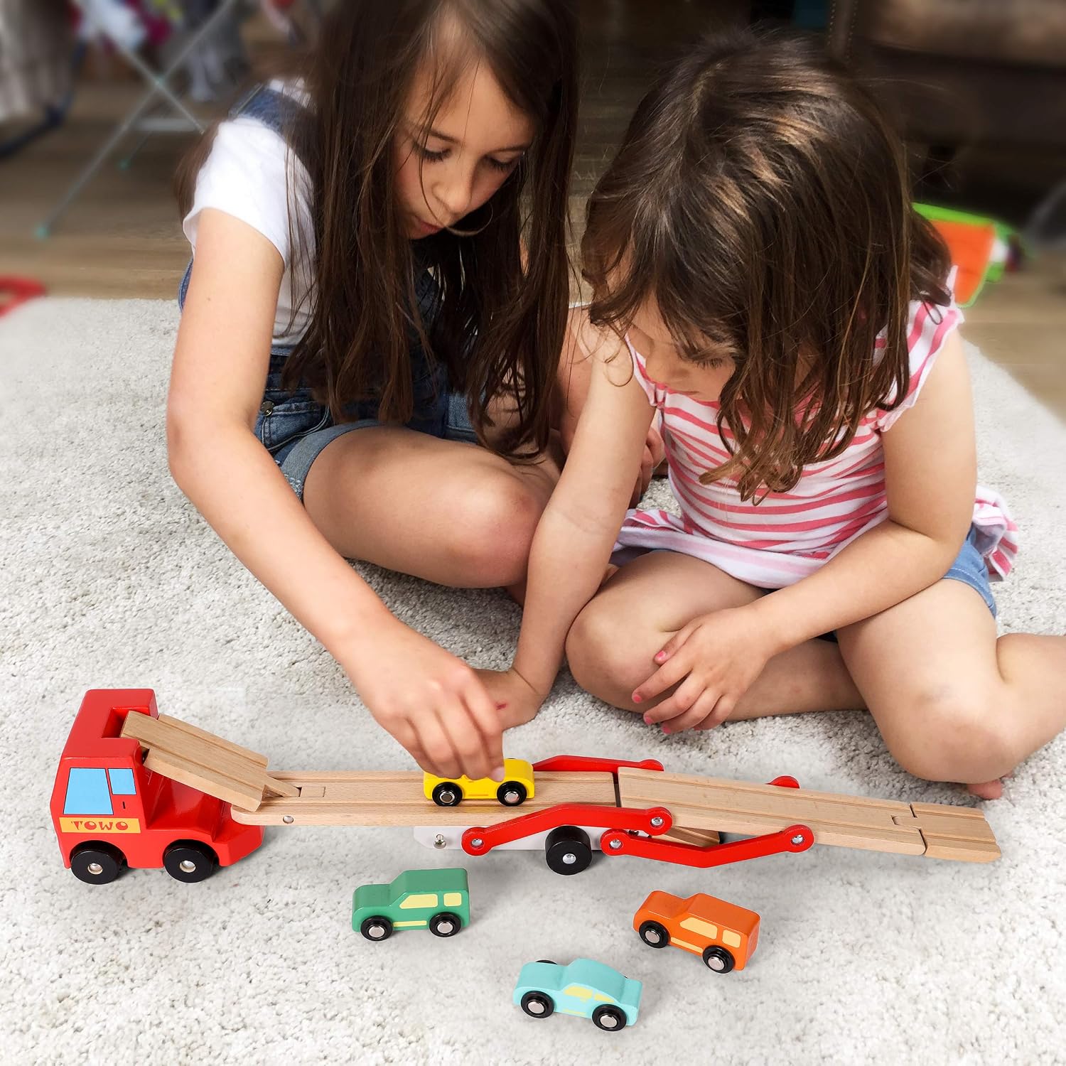 TOWO Wooden Car Transporter Toy Double Decker Trailer with 4 Cars ramp racer - Image 5