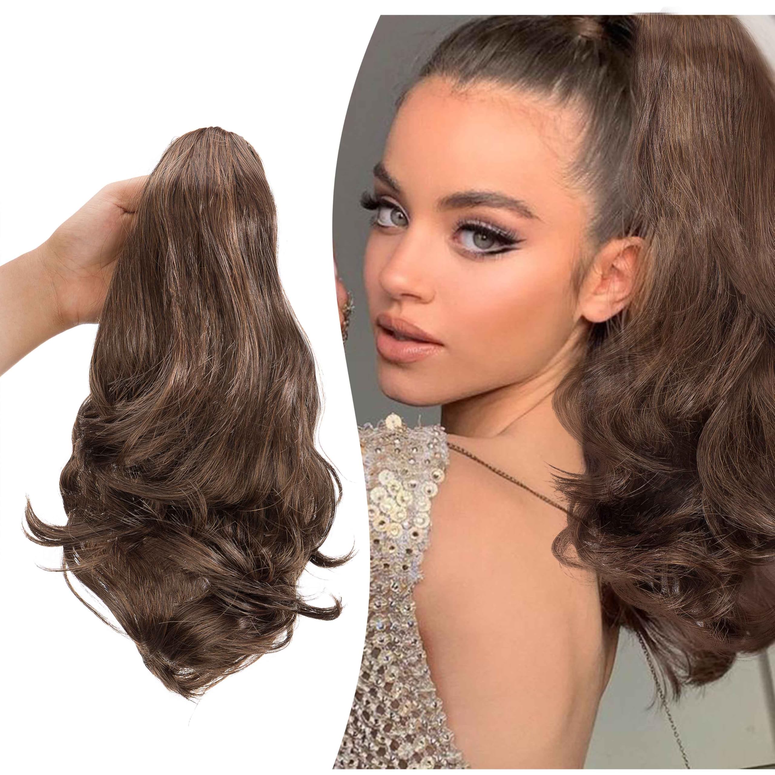 Gairyan 10" Clip in Ponytail Hair Extensions Curly Ponytail Extension Claw on Pony tails Wavy Synthetic Hairpieces for Women Real Natural Short Wave, Dark Brown&Light Auburn