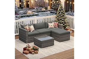 Wisteria Lane Outdoor Patio Furniture Set, All Weather Wicker Rattan Sectional Sofa, Patio Conversation Set with Cushions & Glass Coffee Table for Backyard Porch Garden Balcony, Grey