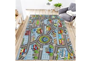 VSIWB Kids Rug 3'3" x 5'2" City Life Playmat Area Rug Car City Map Washable Traffic Road Educational Learning Nursery Rug Carpet for Children Playroom Living Room Bedroom Classroom Decor Blue