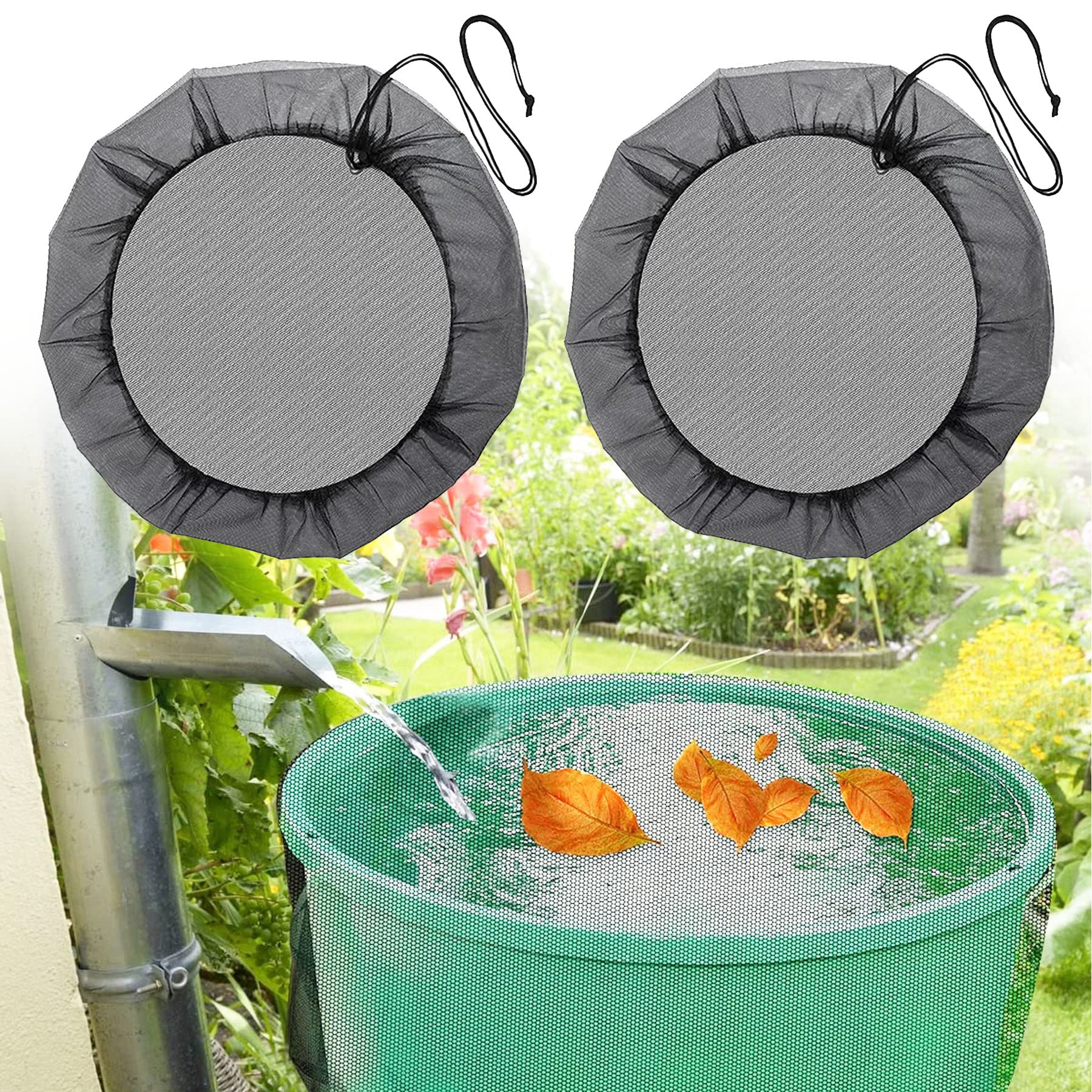 2 x Rain Tanks, Diameter 60 cm, Rain Barrel Cover with Drawstring, Adjustable Protective Net, Protection Against Leaves, Mosquitoes