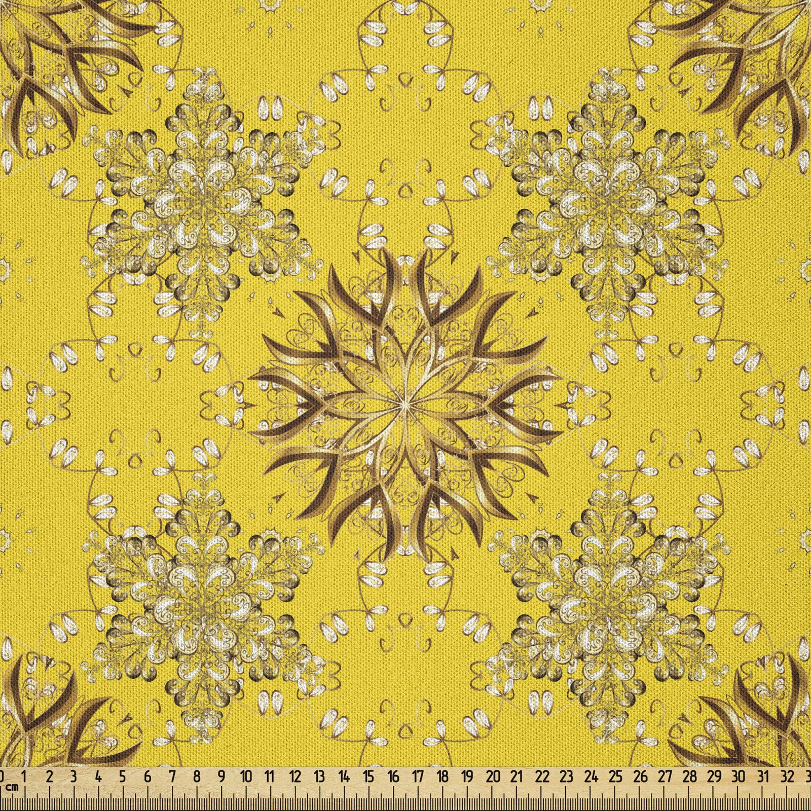 ABAKUHAUS Yellow Damask Fabric by the Yard, Vintage Flourishing Swirly Flowers Spring Theme Romantic Pattern, Microfiber Fabric for Arts and Crafts Textiles Decor, 1M, Yellow Brown and White