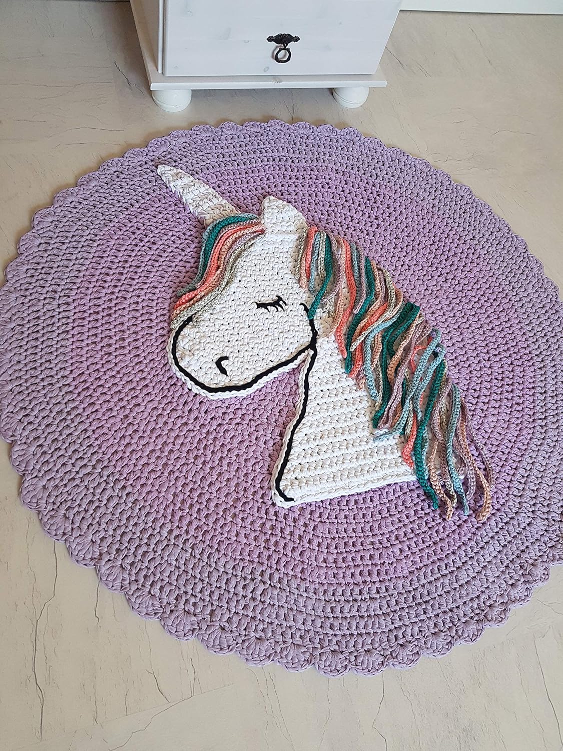 Teppich Hakelteppich Mit Einhorn Flieder Rund Kinderteppich