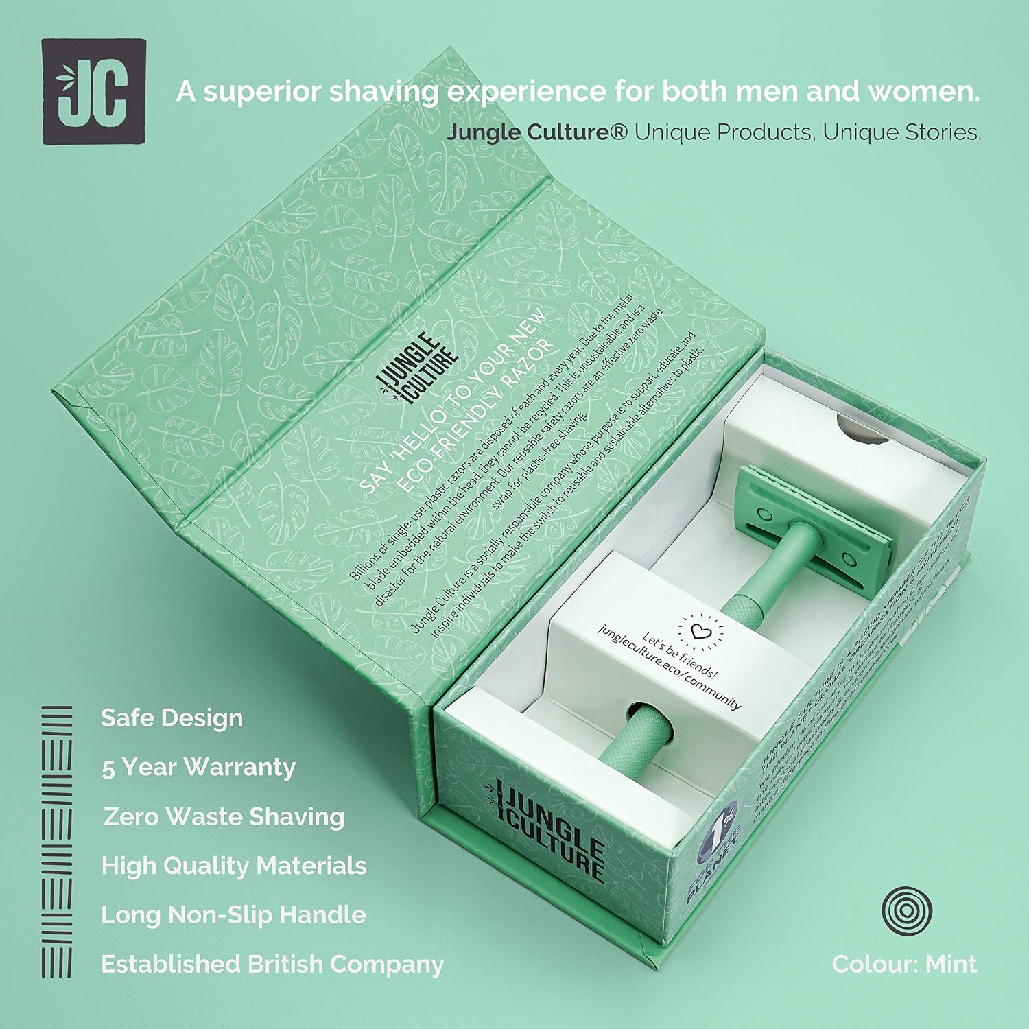 JUNGLE CULTURE® Green Safety Razor for Women • Luxurious Eco Friendly Reusable Metal Razors for all Skin Types • Double Edge Blades Not Included • Body & Face Single Blade Shaver & Shaving Guide - Image 4