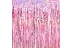 Voircoloria 2 Pack Laser Pink Tinsel Foil Fringe Curtains, Mothers Day Pink Decorations, Metallic Tinsel Party Streamers Backdrop for Birthday Bachelorette Graduation Wedding Party Decorations