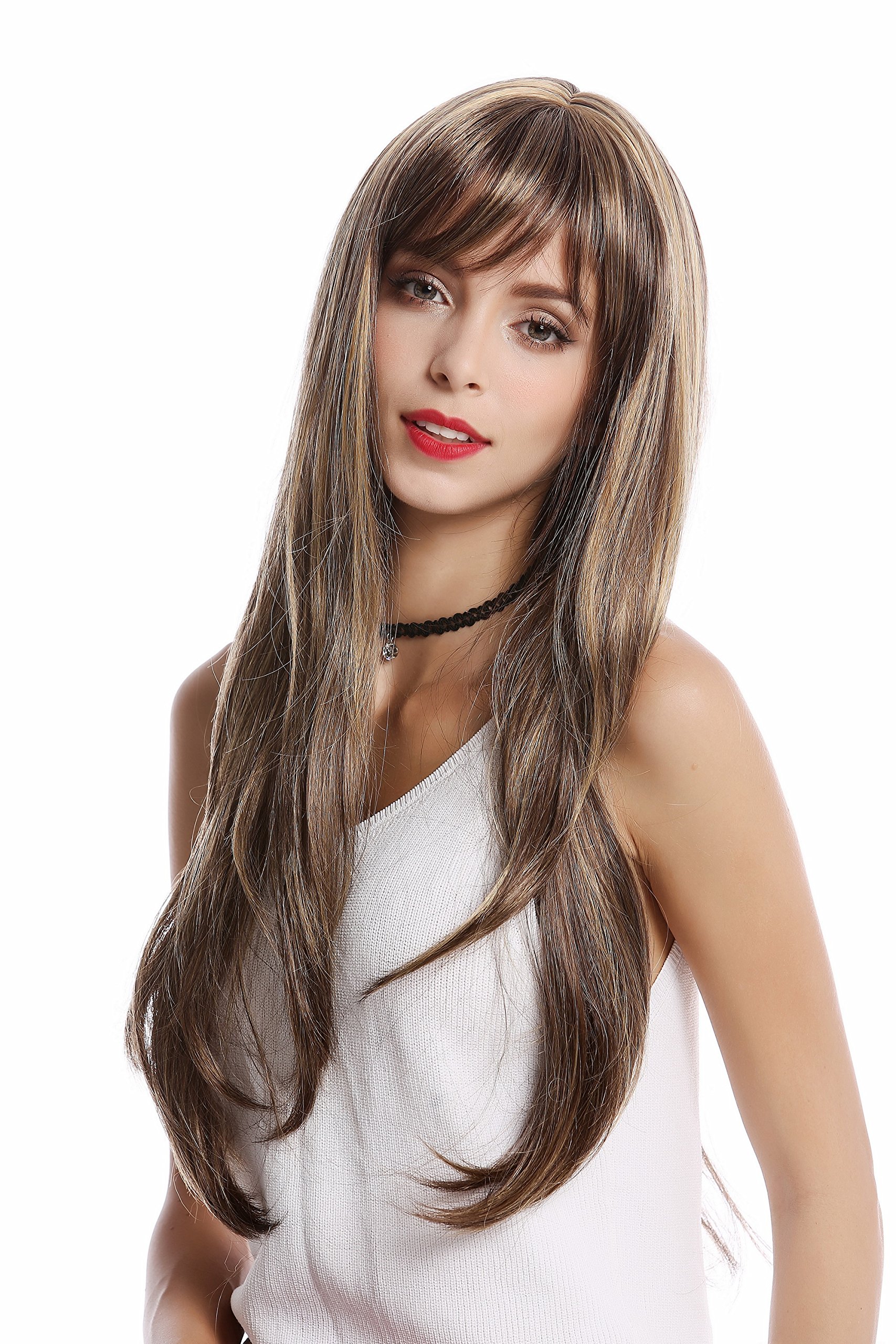 WIG ME UP - GF-W2087-8H124 Lady Quality Wig long straight bangs fringe brown with blond streaked highlights