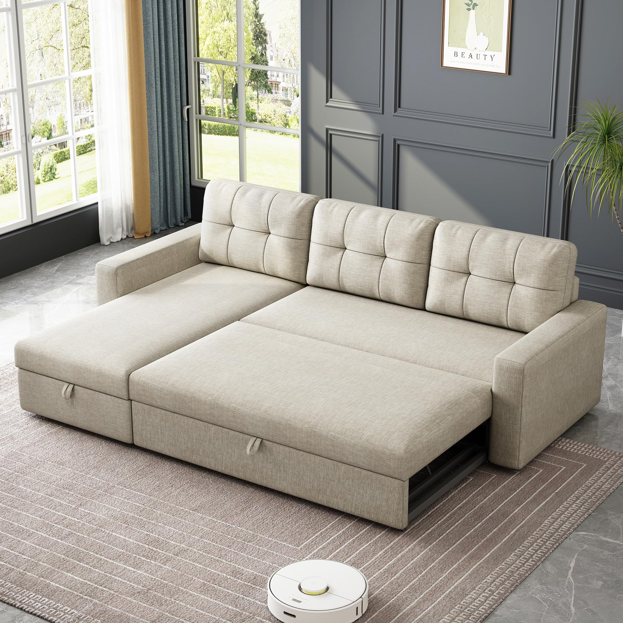 Photo 1 of ** only box # 2 items is included missing box # 1 *** Favfurish 81.5" Sectional Sleeper Sofa Pull Out Couch Bed L-Shape Upholstered Reversible Corner Sofa Bed W/Storage Chaise 3 Back Cushions for Living Room,Office,Apartment,Small Spaces,Beige