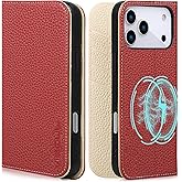 VISOUL Pebbled Leather Wallet Case for iPhone 17 Pro Max 6.9" 2025, Genuine Leather Flip Folio Cover with RFID Blocking Card Holders, Kickstand, Soft TPU Protective Flip Cover -Red+Milky White