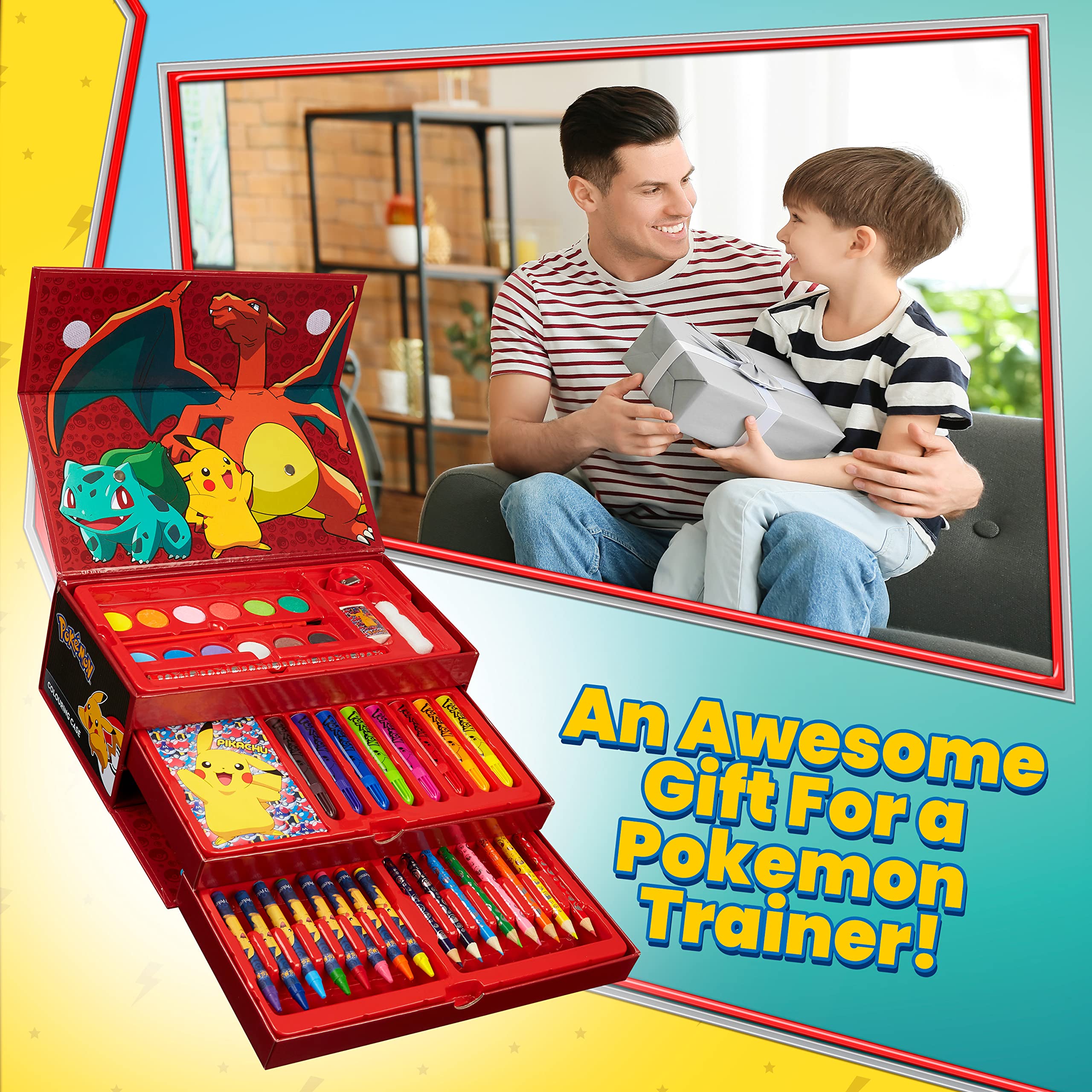 Pokemon Art Set for Boys Girls Drawing Painting Kit Markers Crayons Colored Pencils School Supplies Anime Gifts for Kids (Black/Red)