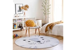 Hauteloom Kids Room, Nursery Round Area Rug - Outdoor Patio Safe - Animal Baby Lion Playroom Carpet - Beige, Gray, Black, Cream - 7'10"