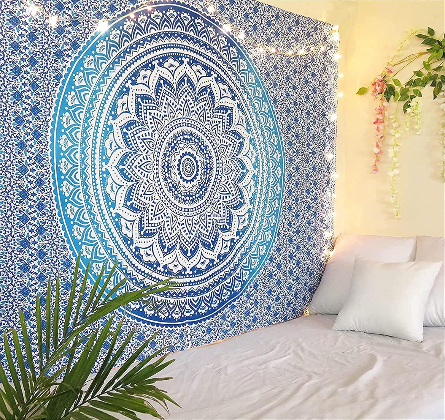 RAJRANG Cotton Mandala Wall Tapestry Blue Ombre Decorative Cloth for Bedroom, Living Room, Bohemian Bedding, Curtain, Picnic Blanket & Meditation Decor – 213x230 cm