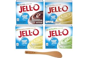MAKE YOUR DAY Jell-O Sugar Free Instant Pudding Bundle with Chocolate, Vanilla, Banana Creme, and Pistachio, One 1 oz Box of Each Flavor with Spice of Life Mini Bamboo Spatula