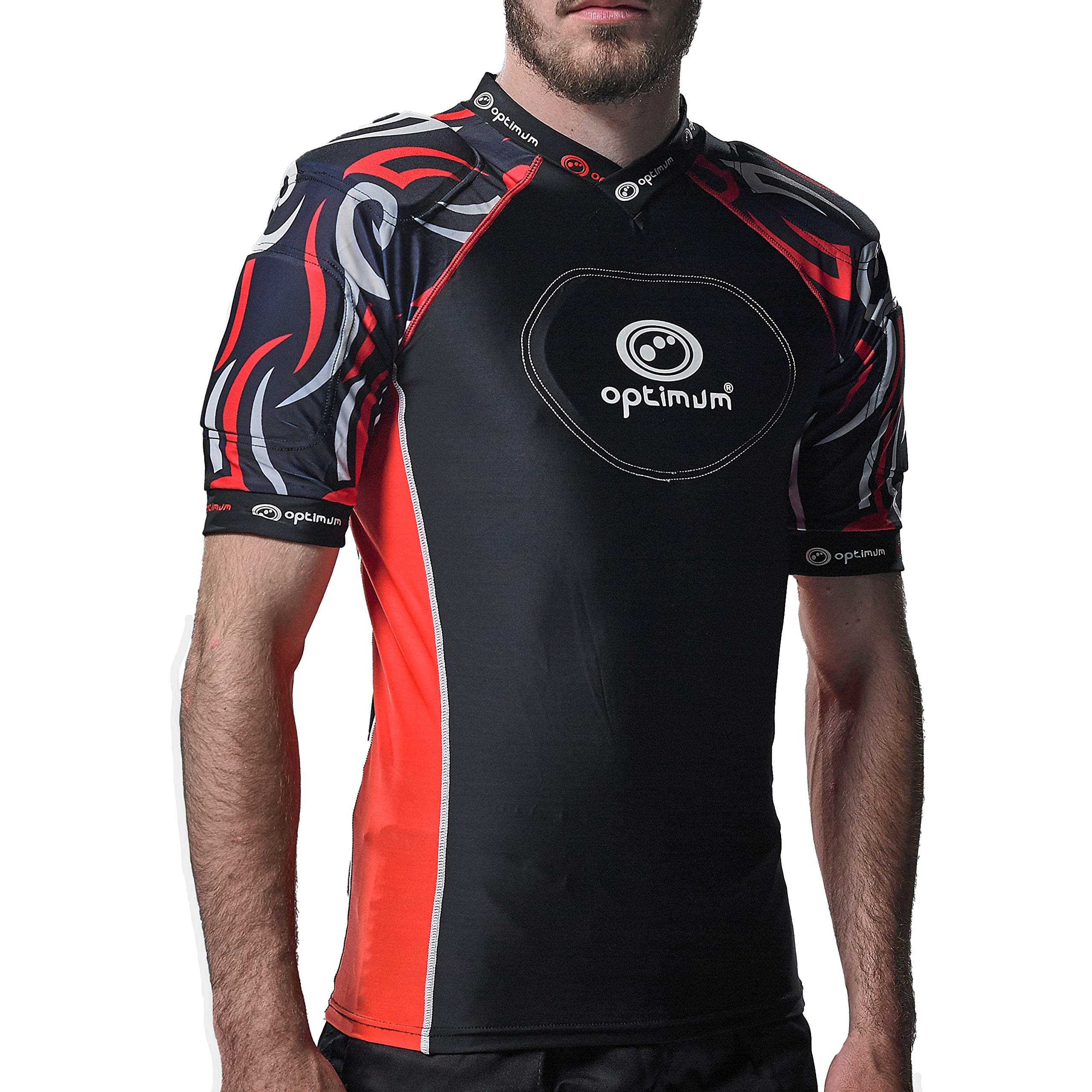 Optimum Word Rugby Approved Razor Protective Top for Adults & Kids – Lightweight Unisex EVA Padded Shirt for Rugby, Breathable Lycra Compression Fit - Black/Red, Medium