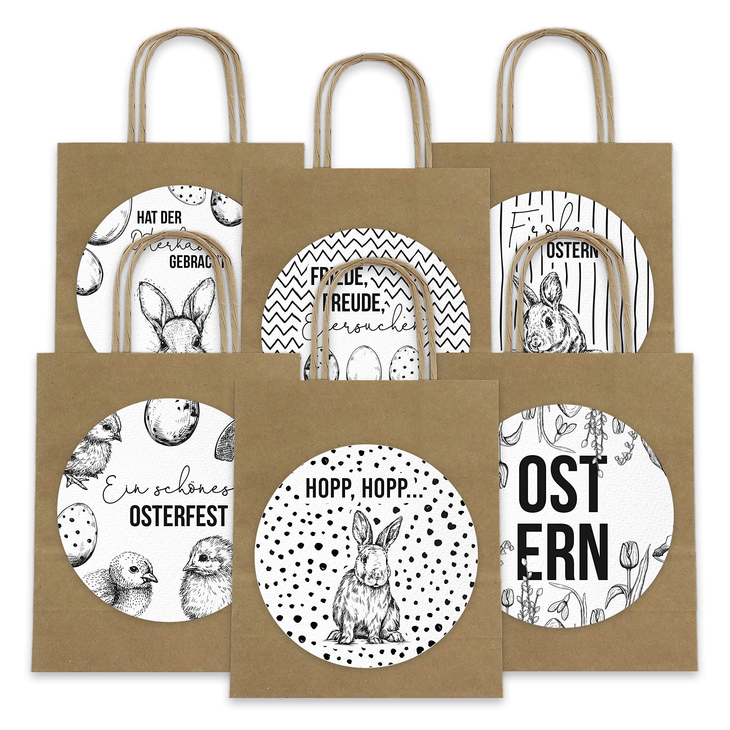 Papierdrachen XXL Gift Bags for Children for Easter - Easter Decoration - Creative Easter Nest with 6 Paper Bags and XXL Sticker (14 cm) in Black/White - Set Number 10