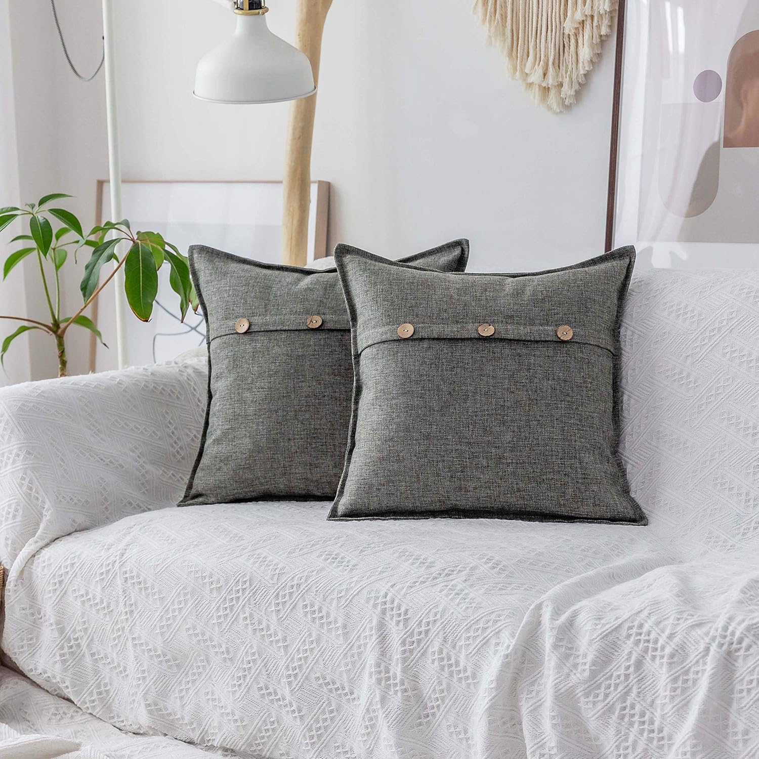 Home Brilliant Linen Gray Burlap Throw Pillow Covers Button Decorative 2 Pcs Cushion Covers for Sofa, 18x18 inch,45x45cm, Dark Grey: Home & Kitchen