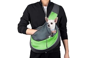 WOYYHO Pet Dog Sling Carrier Adjustable Strap, Zipper Opening Can Soothe Pets, Free Hands Puppy Sling Bag with Safety Leash, Small Dog Crossbody Bag for Outdoor Travel(M (up to 10 lbs), Green)