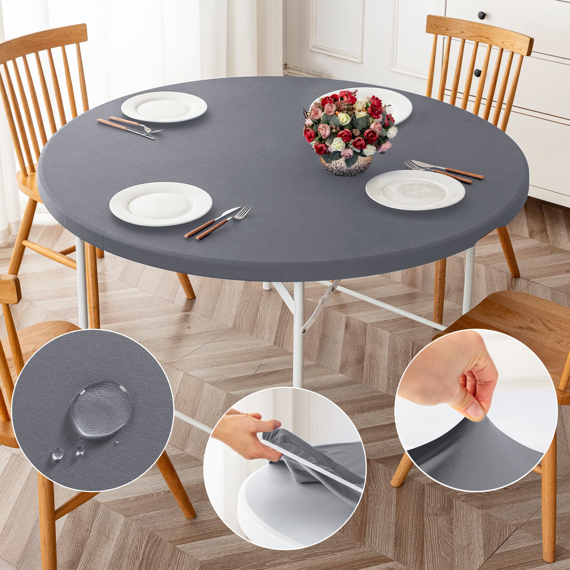 Photo 1 of ManMengJi Grey Fitted Table Cover for Round Tables, 2 Pack Reversible Stretch Tablecloth, Waterproof Stain Resistant Table Cover for Outdoor/Indoor Use, Fits Round Tables up to 40" - 44" Diameter
