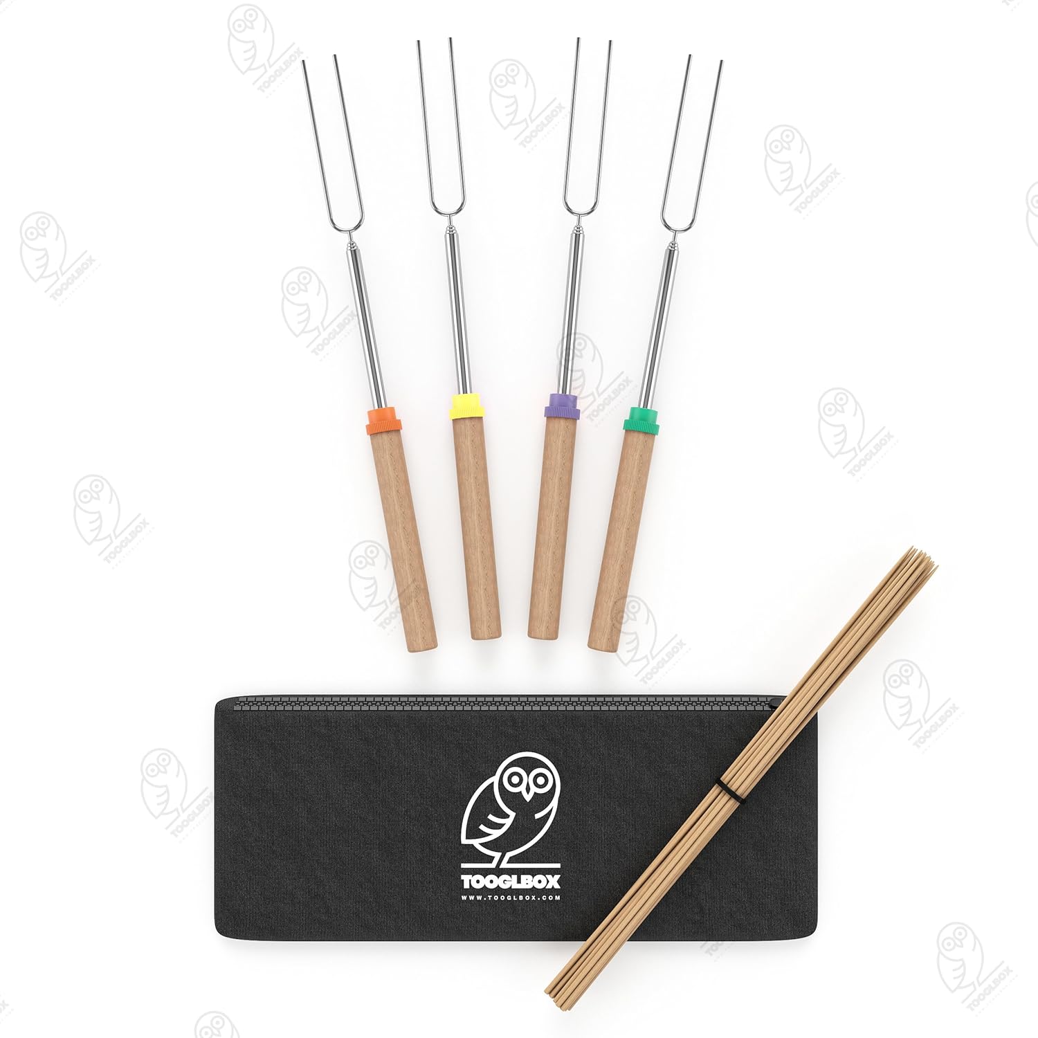 TooglBox - 4 Piece 32 Inch Marshmallow Roasting Stick - Telescoping Stainless Steel Cookware Set-Forks for Smores & Hot Dogs - Bonus 20 Bamboo skewers & Bag (4)