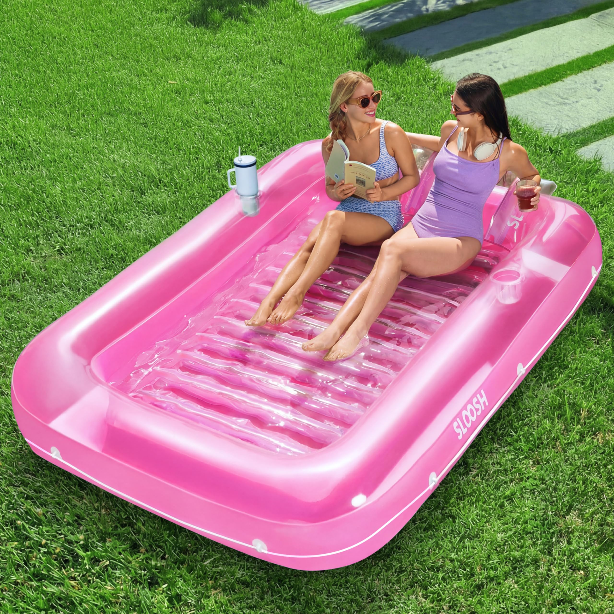 SLOOSH Inflatable Tanning Pool Lounger Float, 85" x 57" Extra Large Pool Floats Adult with Pillow, 4 in 1 Suntan Tub Raft Floatie,Sunbathing Bed Lounge for Water Blow Up Ball Pit Party Gifts, XL-Pink