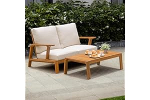 Idzo Jasper Solid Acacia Wood Loveseat Patio Set with Beige Cushions & Coffee Table – Modern Outdoor Furniture for Poolside, Garden, or Deck