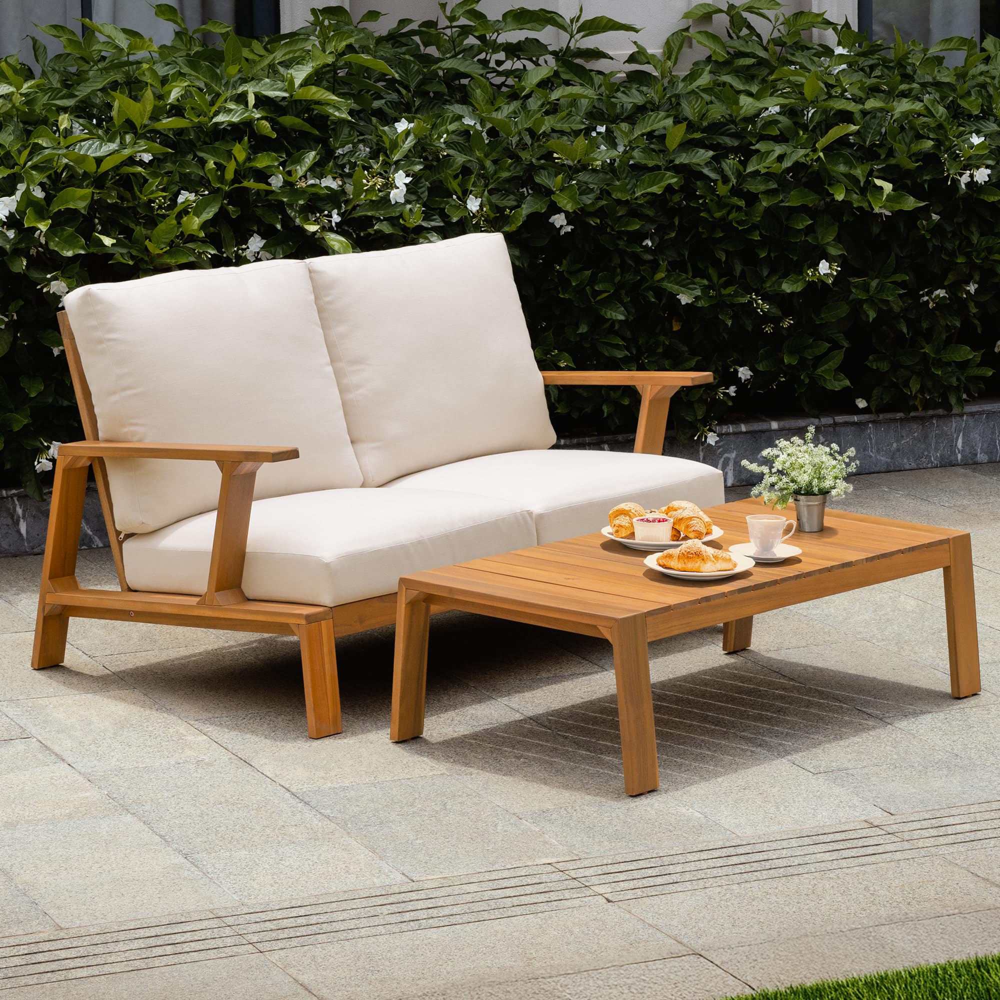 Idzo Jasper Solid Acacia Wood Loveseat Patio Set with Beige Cushions & Coffee Table – Modern Outdoor Furniture for Poolside, Garden, or Deck Image