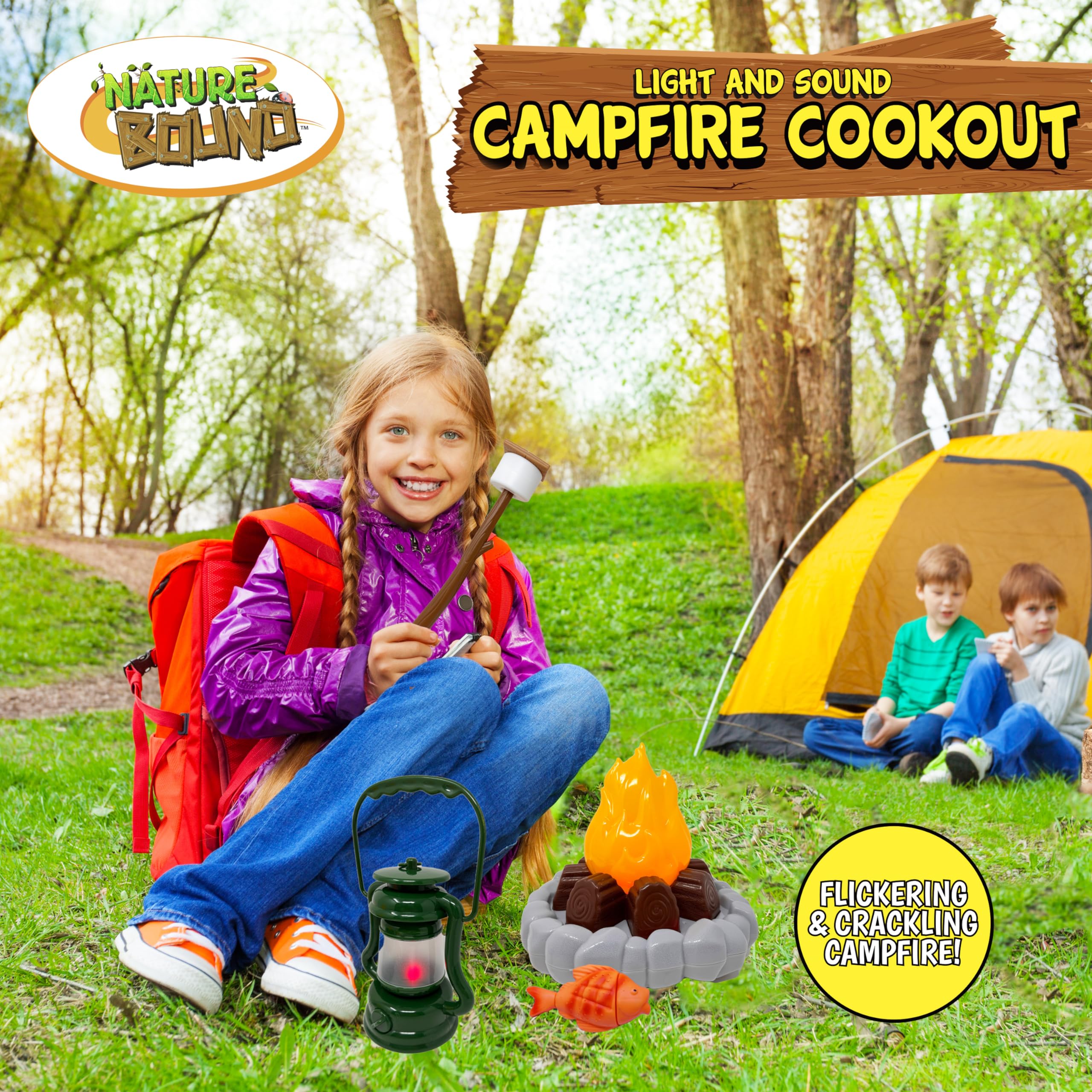 Nature Bound Kids Camping Playset - Light-Up Campfire Toy Set for Indoor and Outdoor Adventures - Pretend S’Mores, Lantern, and Camping Accessories