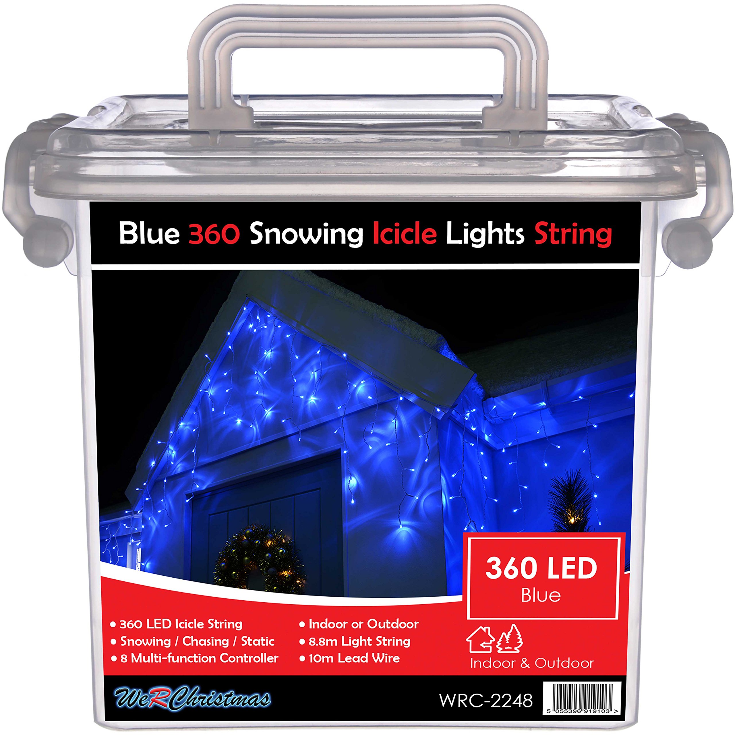 WeRChristmas Snowing Icicle Christmas Lights String with 360-LED Chasing/Static Settings with 19 m Cable - Blue