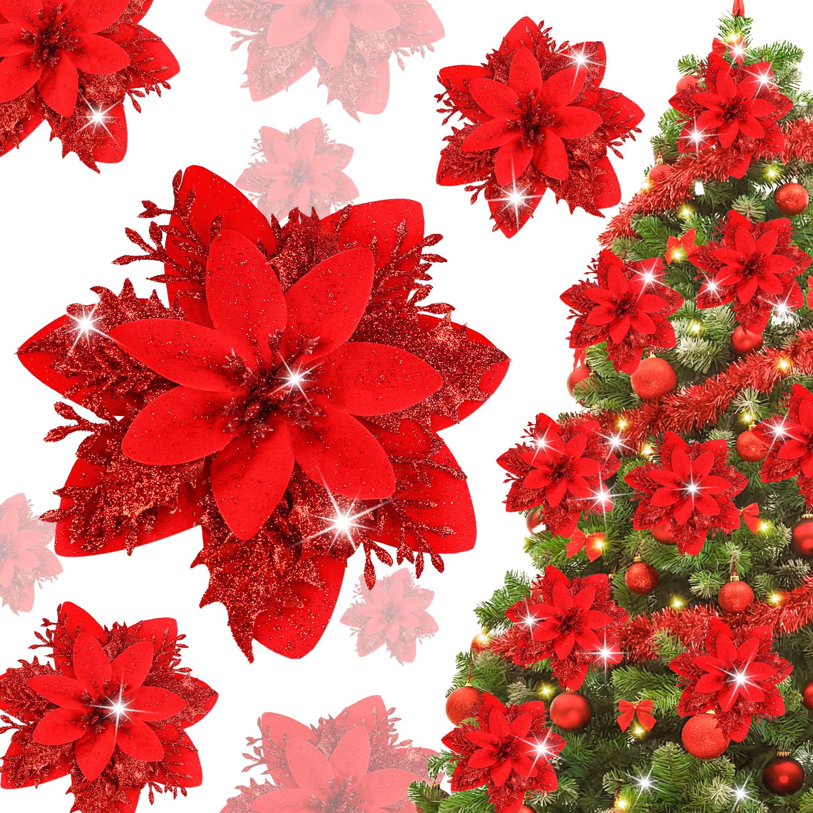 N&T NIETING Christmas Poinsettia Flowers, 24Pcs Artificial Glitter Christmas Flowers Ornaments for Xmas Tree Wreath Decorations with 24Pcs Stems and Clips