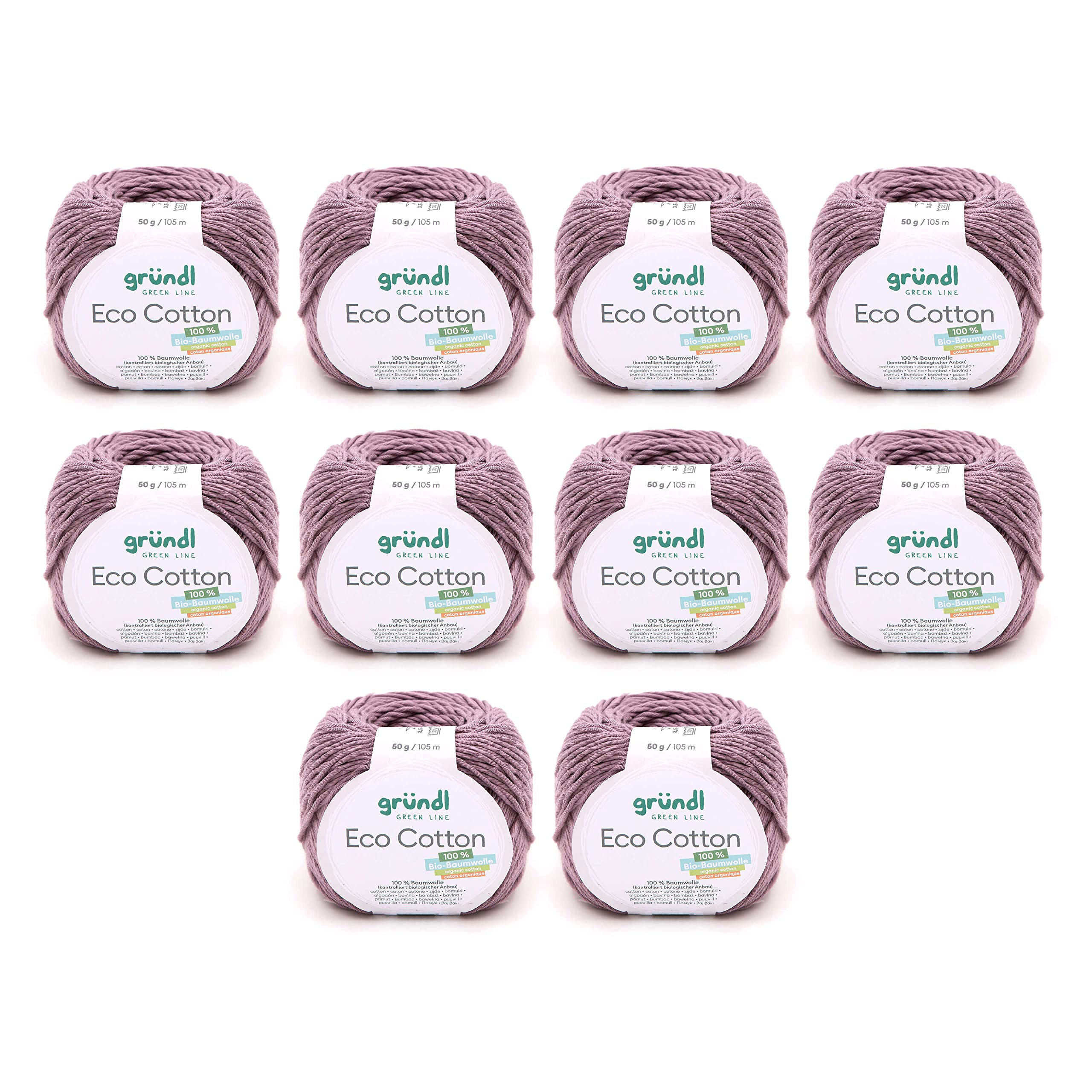 Gründl Eco Cotton Wool - Wool for Crochet - Wool for Knitting - Crochet Yarn - Soft and Skin Friendly - 100% Organic Cotton - 10 Balls 50 g / 105 m - Needle Size 3.5-4.5 - Mauve