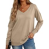 GRECERELLE Women's V-Neck Long Sleeve Side Split Loose Casual Knit Pullover Sweater Blouse