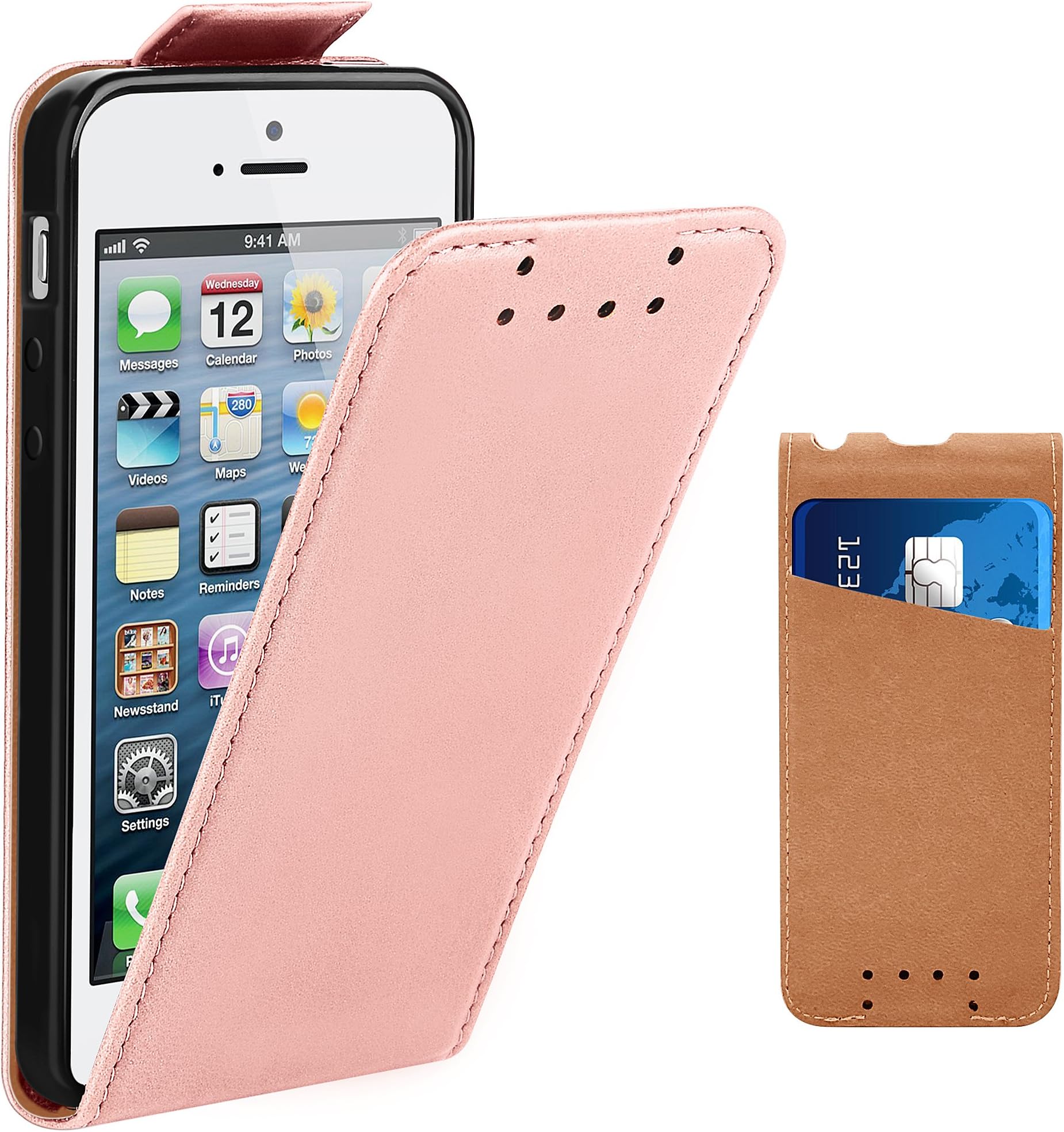 Supad iPhone 5 Case, iPhone 5S Case, iPhone SE Leather Flip Case with Credit Card Slot ID Holder Case Cover for Apple iPhone 5 5S SE (Rose Gold)